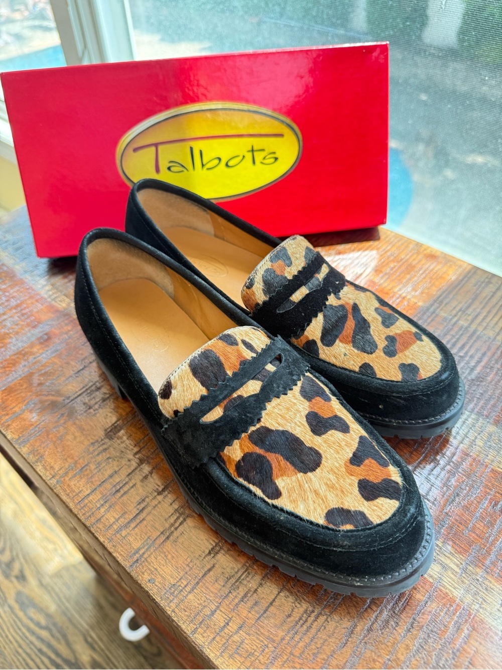 Talbots Black Suede Loafers with Leopard Pony Hair